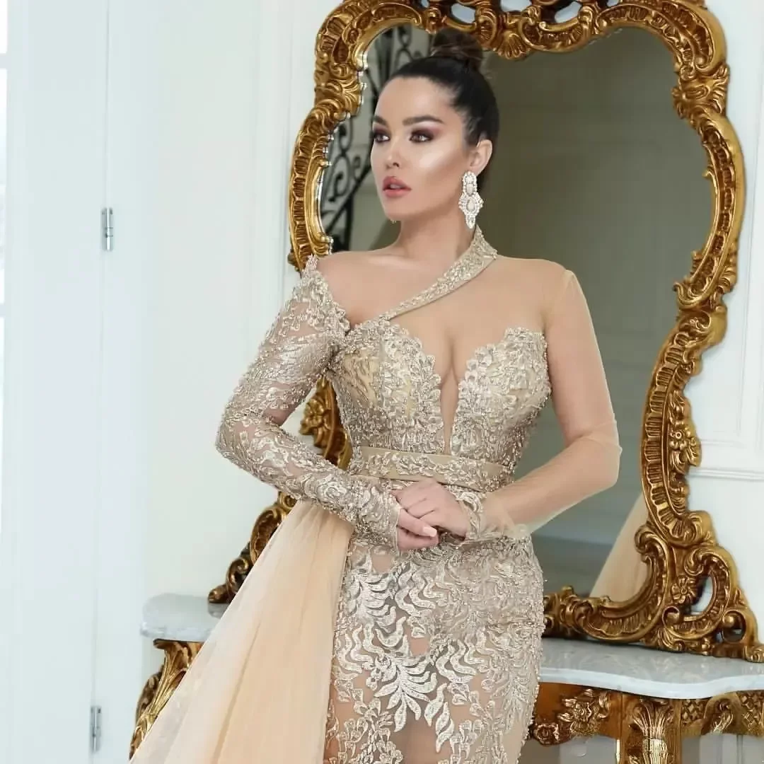 Lace Urious Sparkly Mermaid Evening Arabic Sheer Long Sleeves Beaded Prom Dresses Vintage Formal Party Gown