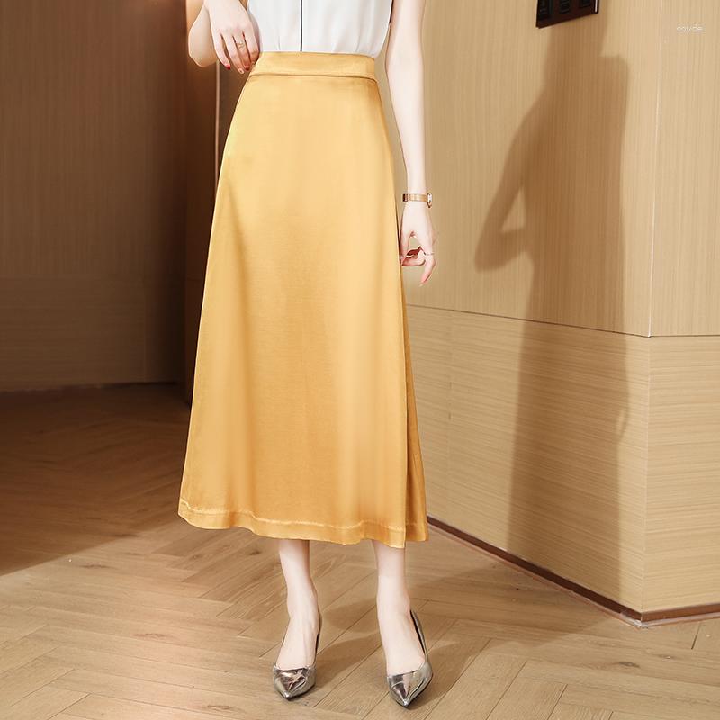 Skirts Luxury Women' Satin Skirt Summer 2023 High Street A-Line Elegant Golden Long Spring, Black