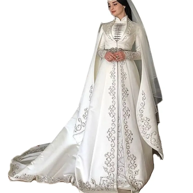 Elegant Kaftan Arabic A Line Wedding Dresses High Neck Embroidered Beaded Long Sleeves Muslim Bridal Gowns Cape White Satin Bride Dress Court Train, Custom made from color chart
Elegant Kaftan Arabic A Line Wedding Dresses High Neck Embroidered Beaded Long Sleeves Muslim Bridal Gowns Cape White Satin Bride Dress Court Train, Custom made from color chart