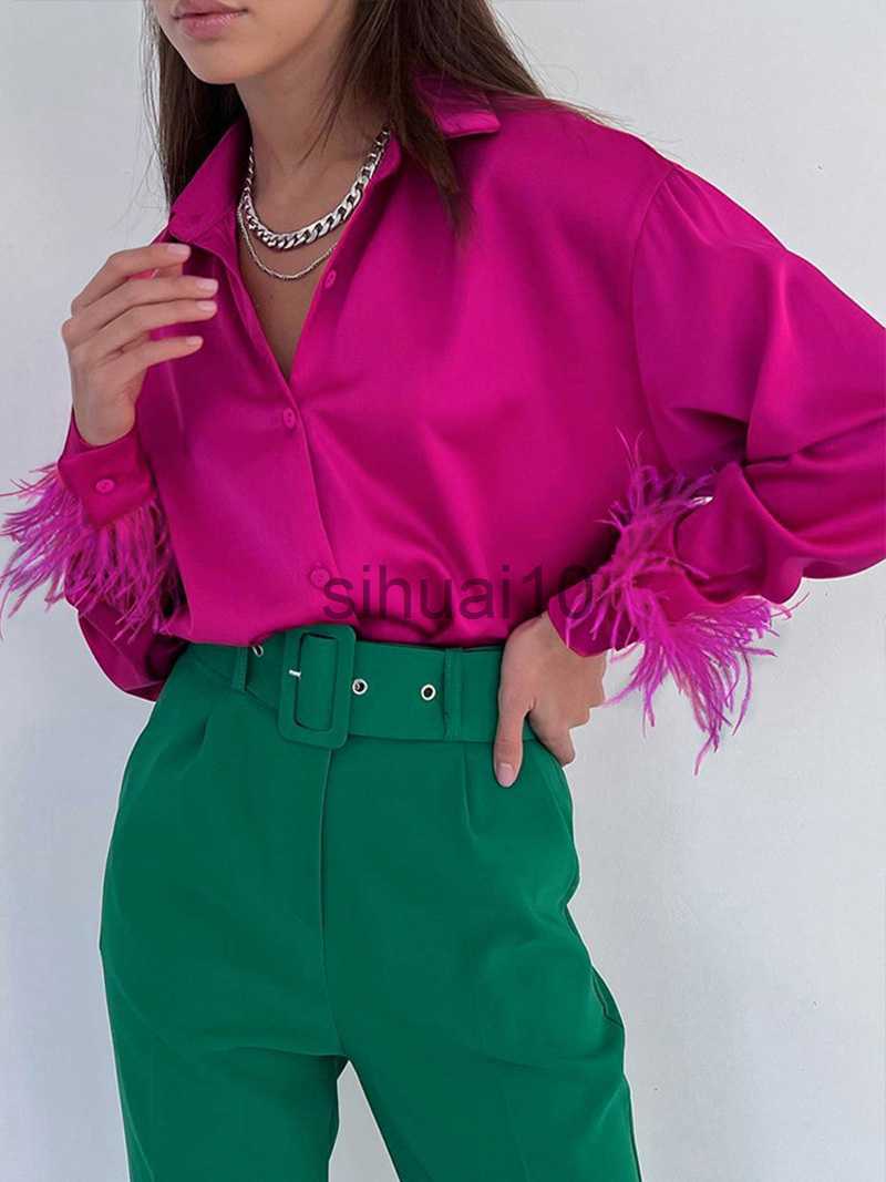 Women's Blouses Shirts 2022 Autumn Winter Women Fashion Elegant Long Sleeve Spliced Feathers Solid Ladies Tops Silk Satin Blouse Shirt For Woman J230621