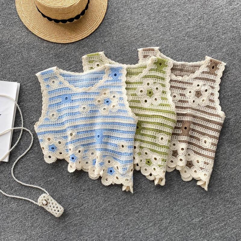 Women's Tanks Irregular Sleeveless Camis For Women Knitted Hook Flower Hollow O-neck Striped Patchwork Femme Crop Tank Tops Camisoles, Blue 
Women's Tanks Irregular Sleeveless Camis For Women Knitted Hook Flower Hollow O-neck Striped Patchwork Femme Crop Tank Tops Camisoles, Blue