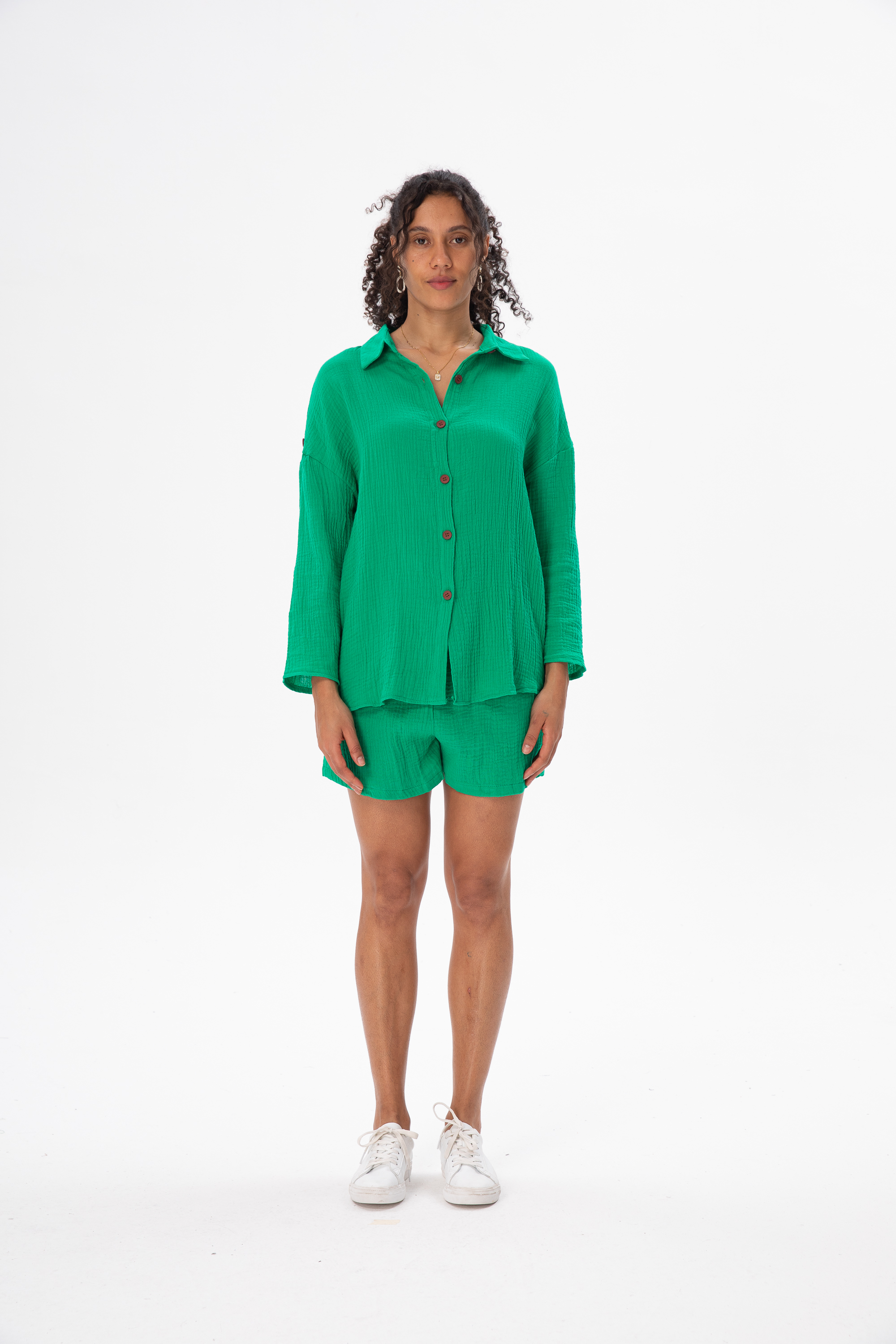 2023 Summer Casual Button Green Cotton Two Pieces Sets Women Long Sleeve Rose Red Women's Sets White Shirt Shorts Set Outfits