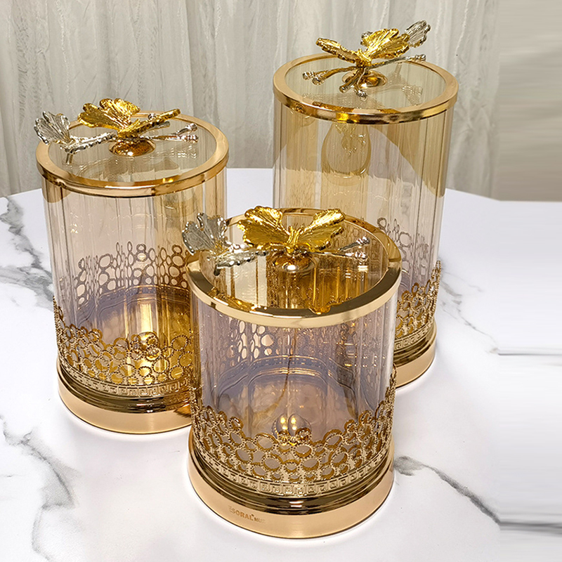 Bottles Jars Gold-plated Butterfly Candy Jar Glass Jewelry Box Hollow Art Flower Arrangement Fruit Nut Sundries Storage Jar Home Decoration 230620