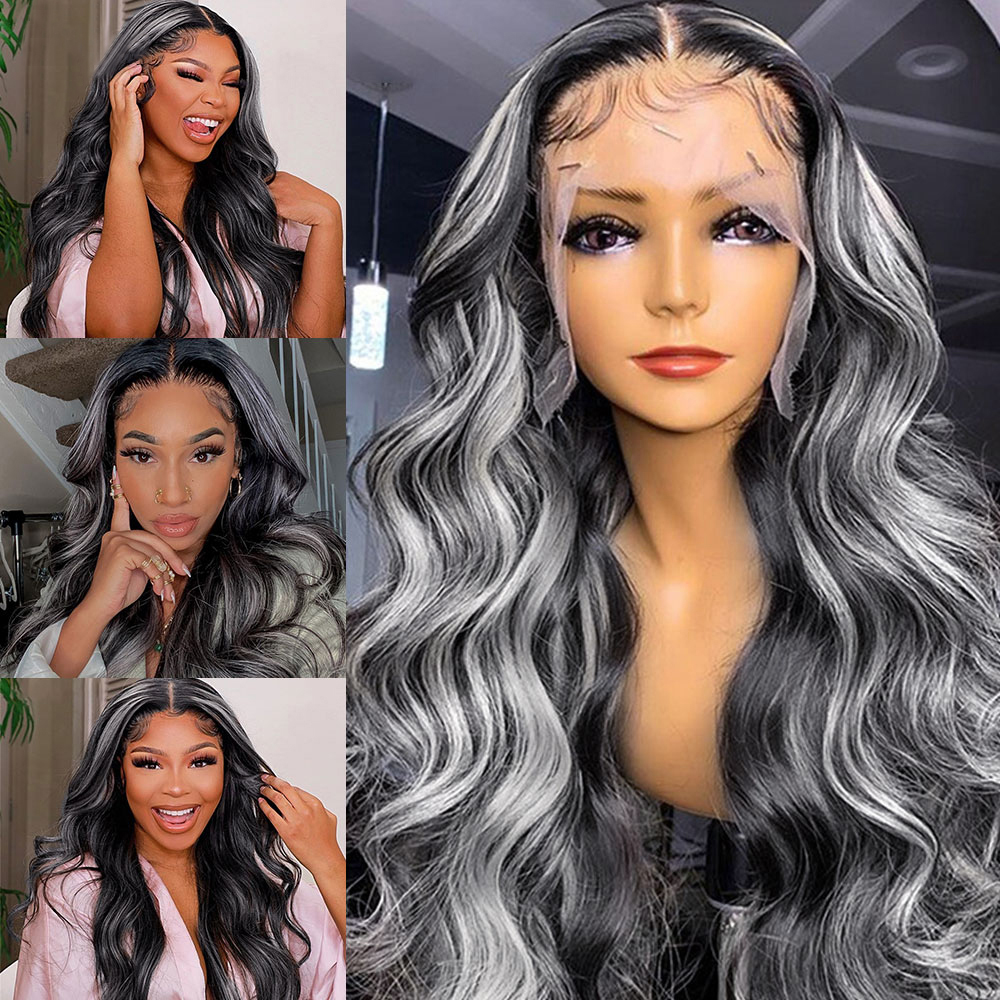 HD Lace Grey Highlight Color Human Hair Wig with Baby Hair Glueless Body Wave Lace Front Wig Synthetic For Black Women