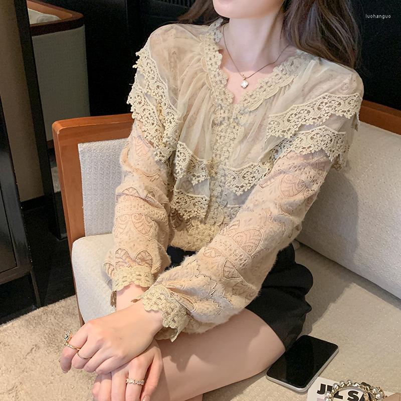 Women' Blouses Elegant Petal Sleeve Hollow Flower Lace Patchwork Shirt Vintage Office Blouse Women Fashion Button Tops Femme Blusas 18596, Khaki
Women' Blouses Elegant Petal Sleeve Hollow Flower Lace Patchwork Shirt Vintage Office Blouse Women Fashion Button Tops Femme Blusas 18596, Khaki