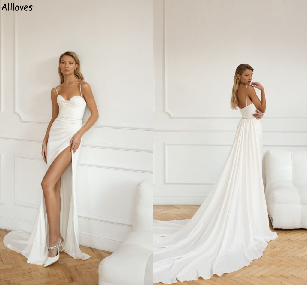 Elegant Simple Satin Mermaid Wedding Dresses With Crystals Belt Spaghetti Straps Beach Bridal Gowns Thigh Side Split Long Court Train Bride Reception Robes CL2477, White
Elegant Simple Satin Mermaid Wedding Dresses With Crystals Belt Spaghetti Straps Beach Bridal Gowns Thigh Side Split Long Court Train Bride Reception Robes CL2477, White