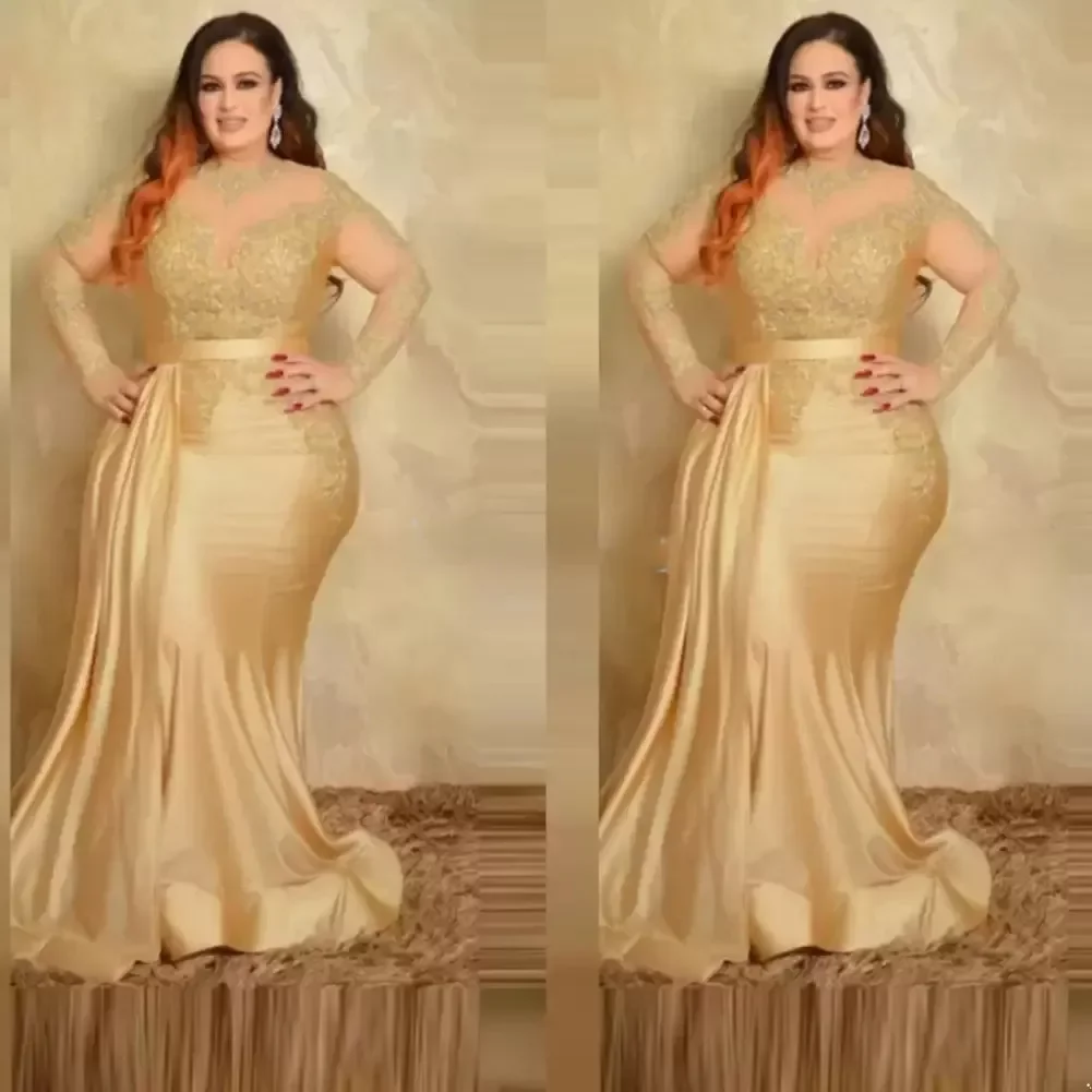 Sexy Plus Size Formal Evening Dresses Elegant With Long Sleeves Gold Lace High Neck Sheath Special Ocn Dress Mother Of The Bride 0627