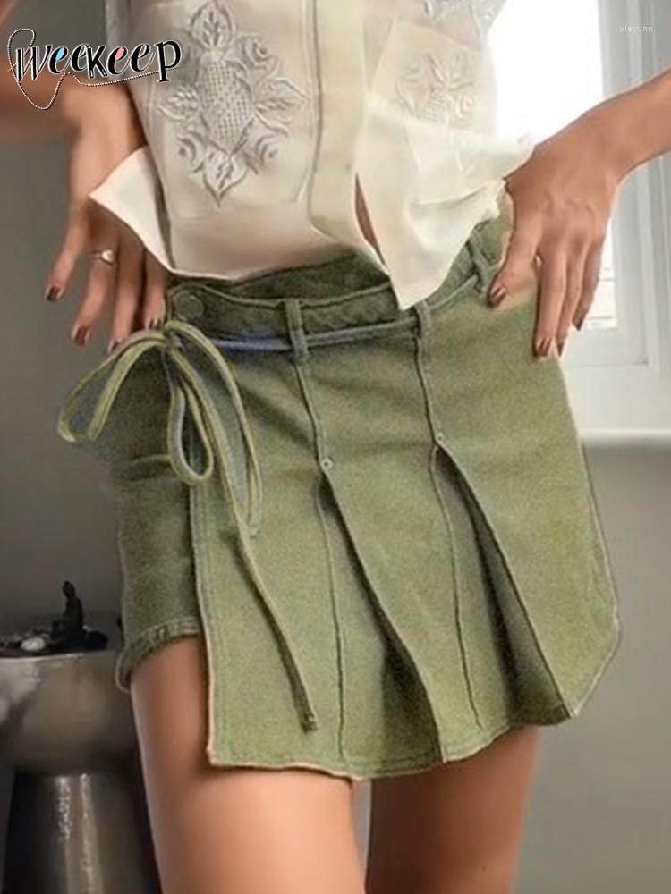 Skirts Weekeep Vintage Low Rise Stitched Denim Skirt Chic Streetwear Bandage Mini For Women Grunge 2000s Aesthetic Clothing, Green
Skirts Weekeep Vintage Low Rise Stitched Denim Skirt Chic Streetwear Bandage Mini For Women Grunge 2000s Aesthetic Clothing, Green