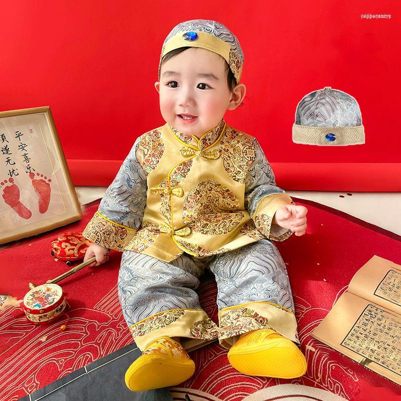 Ethnic Clothing Chinese Traditional Clothes Dragon Embroidery Silk Hanfu Tang Suit Baby Boys Tops Pants Hat Set Infant Birthday Outfits 
Ethnic Clothing Chinese Traditional Clothes Dragon Embroidery Silk Hanfu Tang Suit Baby Boys Tops Pants Hat Set Infant Birthday Outfits