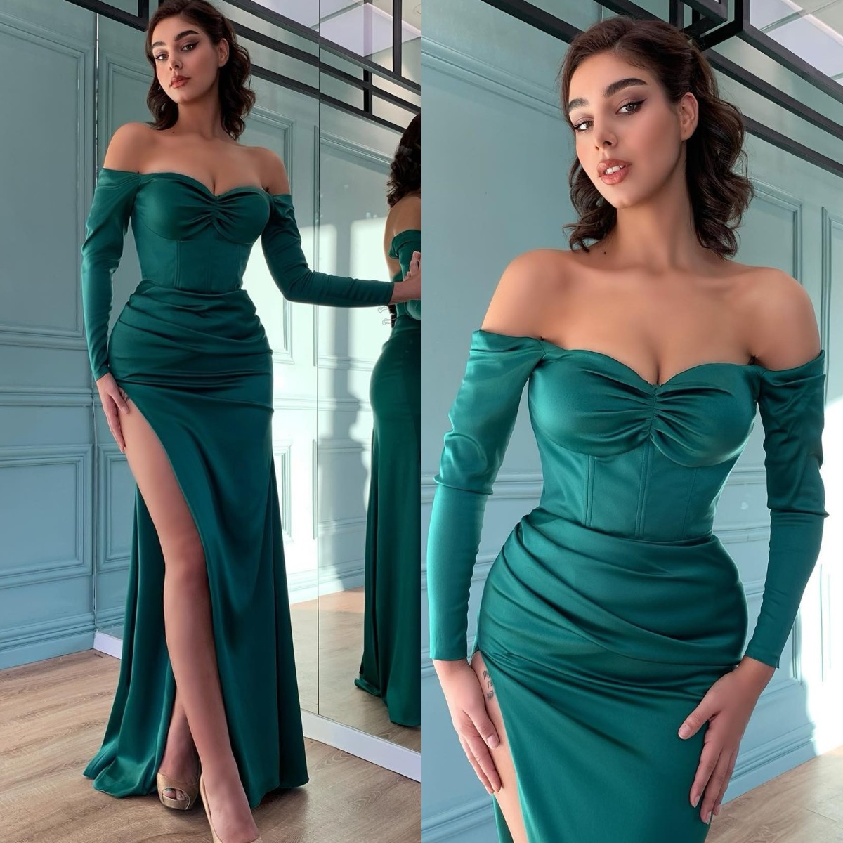 Fashion Cocktail Green Prom Dresses Off Shoulder Long Sleeves Evening Gowns Slit Pleats Formal Red Carpet Long Special Occasion Party dress, Customize
Fashion Cocktail Green Prom Dresses Off Shoulder Long Sleeves Evening Gowns Slit Pleats Formal Red Carpet Long Special Occasion Party dress, Customize