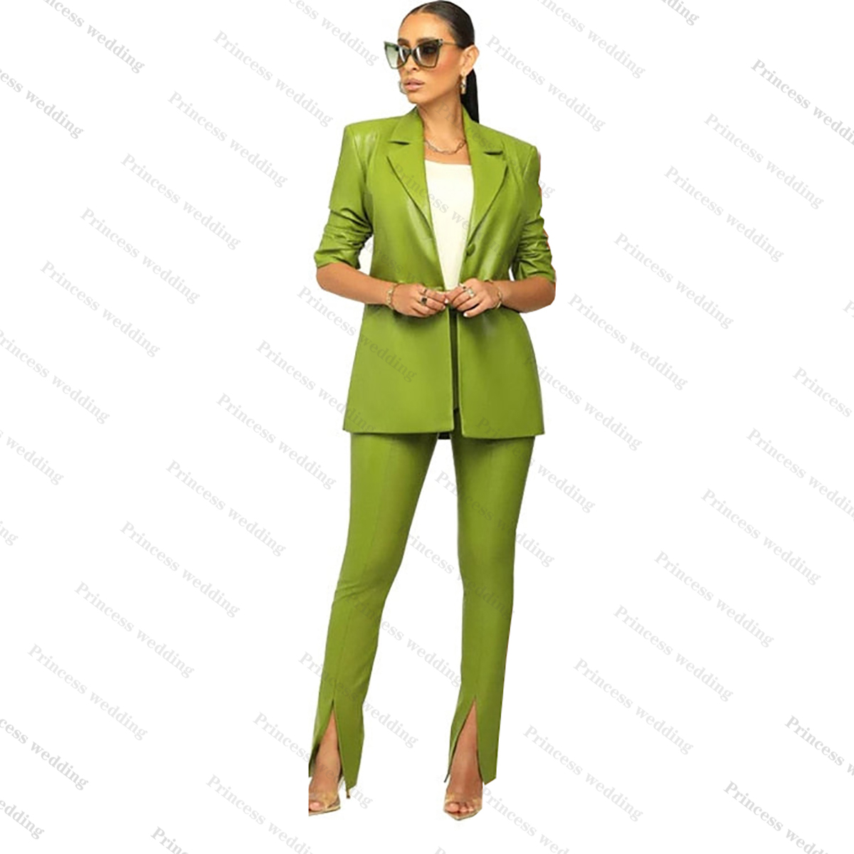 Fashion Leather Women Blazer Set Long Sleeve Slim Fit Jacket and Wide Leg Pants 2023 Elegant Tracksuit 2 Pieces Outfits