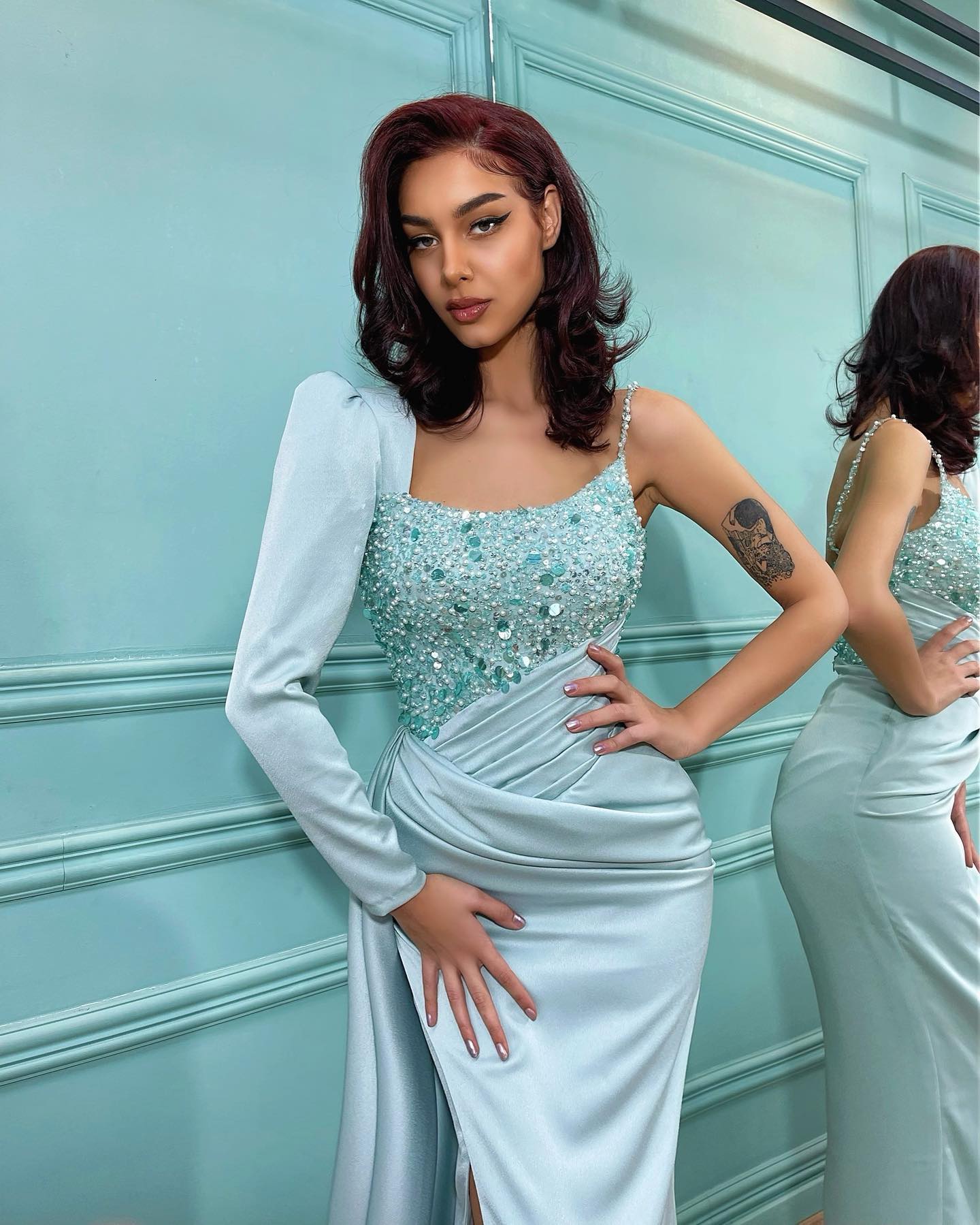 Sexy Mint Green Prom Dresses Sequins One Shoulder Evening Gowns Slit Pleats Formal Red Carpet Long Special Ocn Dress 0516