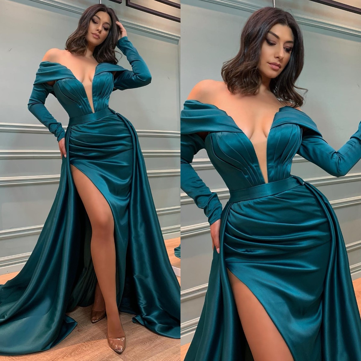Fashion Designer Cocktail Green Prom Dresses Off Shoulder Long Sleeves Evening Gowns Slit Pleats Formal Red Carpet Long Special Occasion Party dress, Customize
Fashion Designer Cocktail Green Prom Dresses Off Shoulder Long Sleeves Evening Gowns Slit Pleats Formal Red Carpet Long Special Occasion Party dress, Customize
