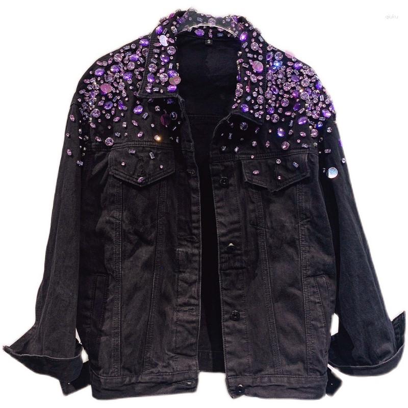 Women' Jackets Autumn Fashion Purple Sequined Denim Jacket Hand Sewn Cotton Washed Beading Single Breasted Outwear, Black
Women' Jackets Autumn Fashion Purple Sequined Denim Jacket Hand Sewn Cotton Washed Beading Single Breasted Outwear, Black