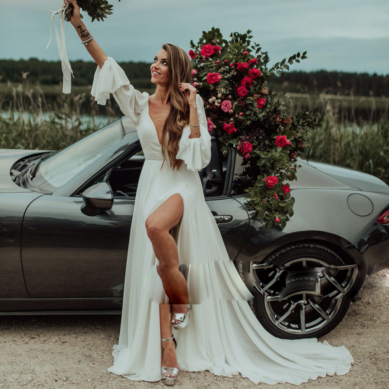 Petite Silver Colorful Country Western Wedding Dresses With Flute Sleeves Split Backless Bridal Wedding Gown Beach Chiffon Dress For Bride, Pink
Petite Silver Colorful Country Western Wedding Dresses With Flute Sleeves Split Backless Bridal Wedding Gown Beach Chiffon Dress For Bride, Pink