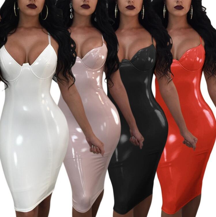 Summer Women Autumn Fashion Faux Leather Latex Dress V Neck Sexy Slim Pvc Black White Pink Red Long Party Plus Size Casual Dresses