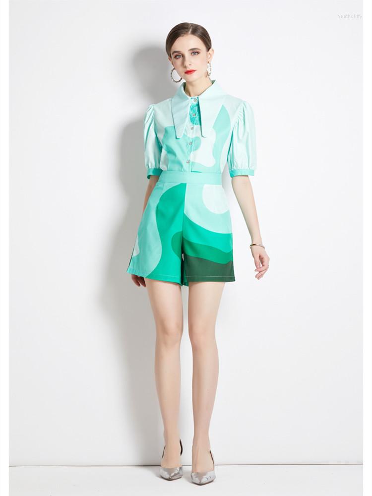 Women's Tracksuits Women's Summer Shorts Set 2023 Fashion Lantern Sleeve Printed Shirt And Waist Collection Two-Piece, Green
Women's Tracksuits Women's Summer Shorts Set 2023 Fashion Lantern Sleeve Printed Shirt And Waist Collection Two-Piece, Green