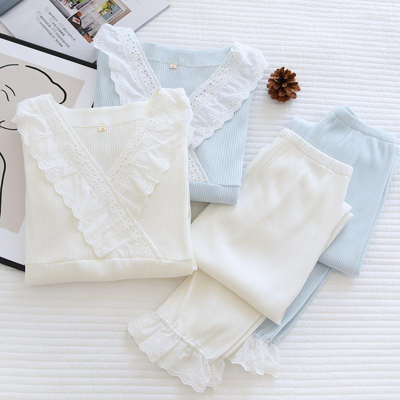 Women's Sleepwear Spring / Summer Thin Cotton Knitted Women's Pajamas Lace White Princess Style Simple Home Clothes V-Neck Trouser Suits
Women's Sleepwear Spring / Summer Thin Cotton Knitted Women's Pajamas Lace White Princess Style Simple Home Clothes V-Neck Trouser Suits