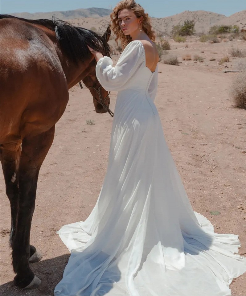 Boho Wedding Dress for Women 2023 Backless Square Neck Long Sleeve Chiffon Bridal Gowns Simple Beach Vestidos De Noiva