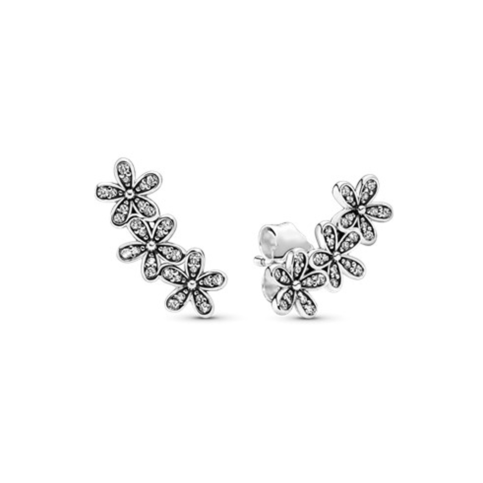 Fashionable Flower Stud Earrings in Polished 925 Sterling Silver with Imitation Diamond Detailing for Her