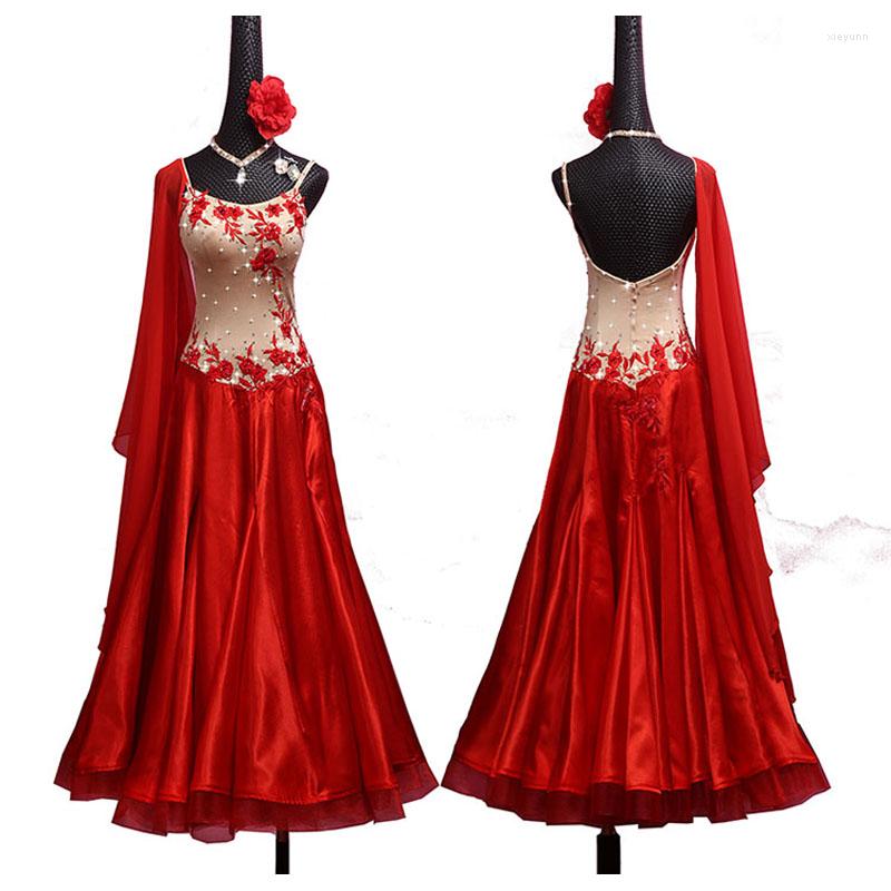 Stage Wear Ballroom Modern Dance Big Swing Skirt Red Fish Bone Embroidered Flash Diamond Dress, Custom made 
Stage Wear Ballroom Modern Dance Big Swing Skirt Red Fish Bone Embroidered Flash Diamond Dress, Custom made