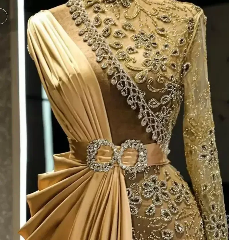 urious Mermaid Gold Evening Beaded Crystals Prom Dresses High Neck Formal Party Second Reception Gowns