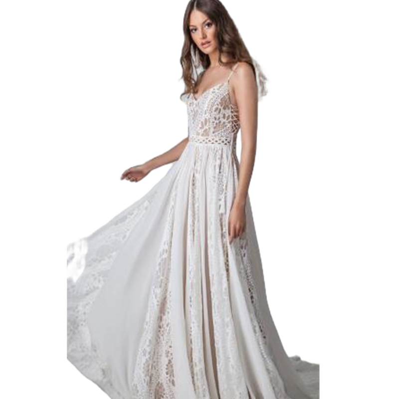 2023 Sexy Backless Beach Boho Wedding Dress A Line Ivory Lace Chiffon Long Bridal Gowns Spaghetti Straps Country Bohemian Bride Dresses Summer