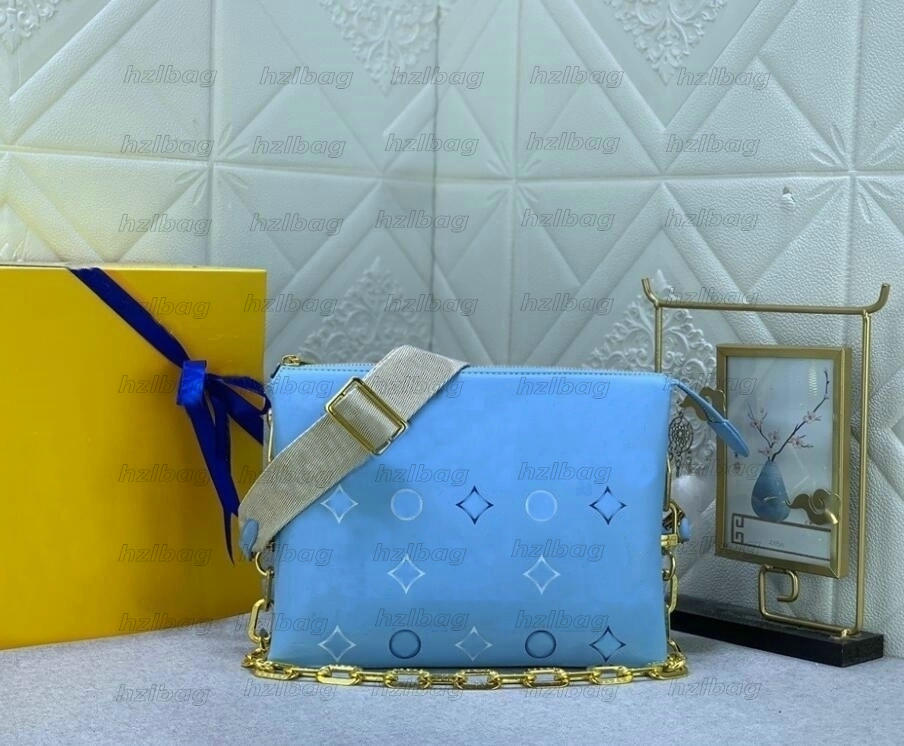 Designer Luxury Womens Bag 2023SS By The Pool Summer COUSSIN PM M22953 Tricolor Bag Braided Chain Purse Clutch Beige Blue Puffy Leather Handbag