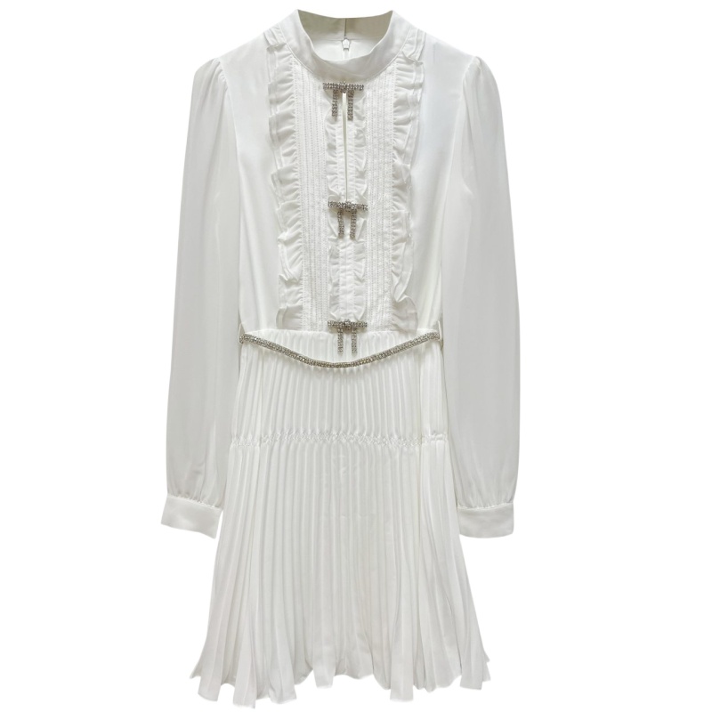 Casual Dresses S/elf-Portrait Chiffon Pleated Dress Round Neck Long Sleeve Mini Dress for Women