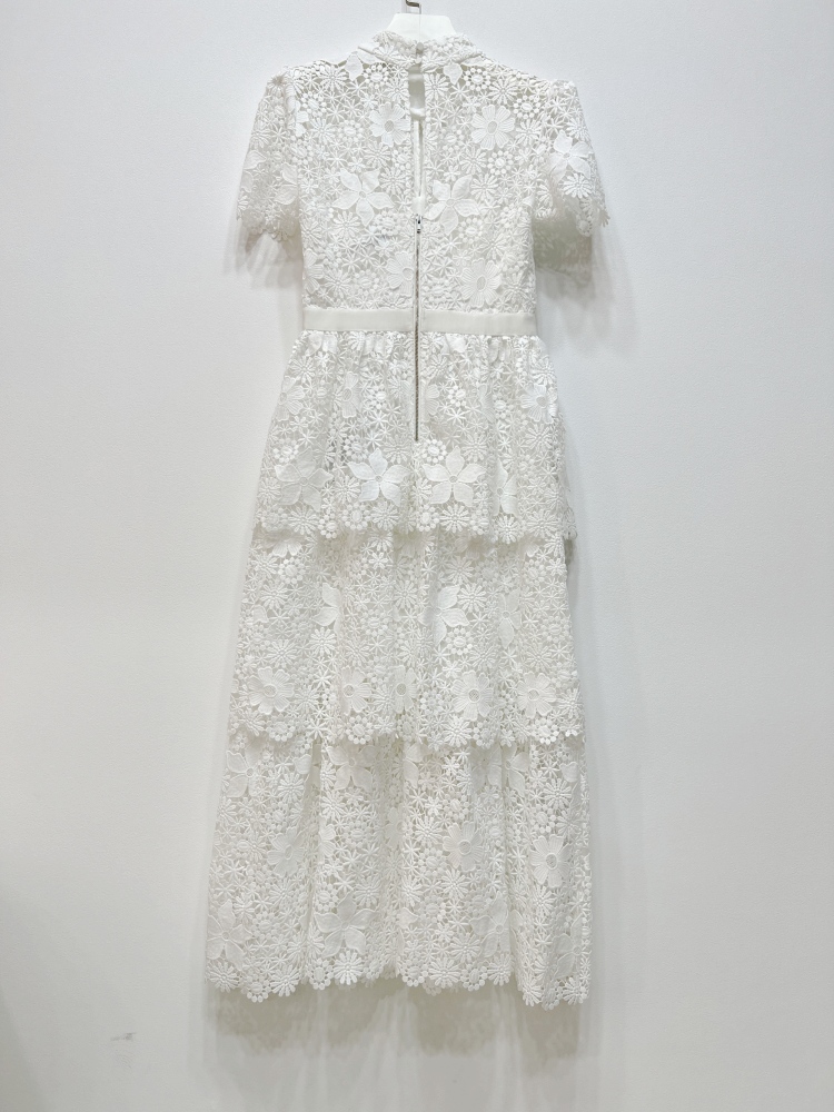 Casual Dresses S/elf-Portrait Lace Midi Dress Short Sleeve A-line Midi Dress for Women white