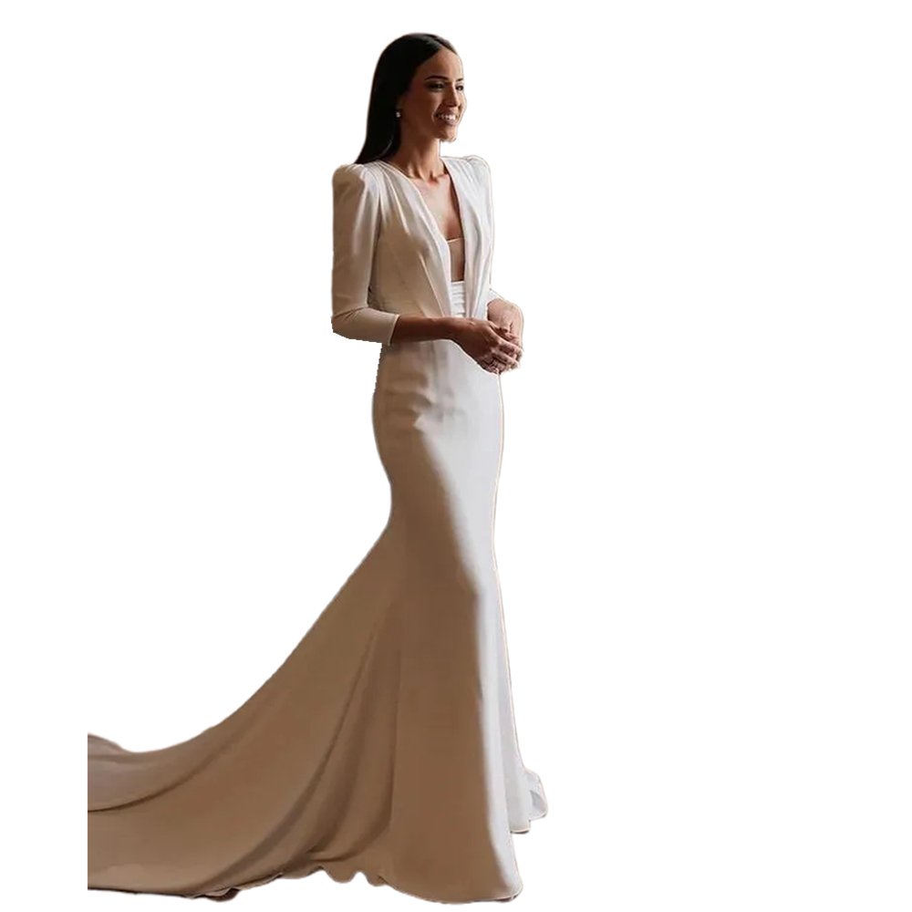 Simple Long Sleeves Satin Mermaid Wedding Dresses Deep V-Neck Open Back Sexy Bridal Gowns Ivory Robe De Mariage Court Train