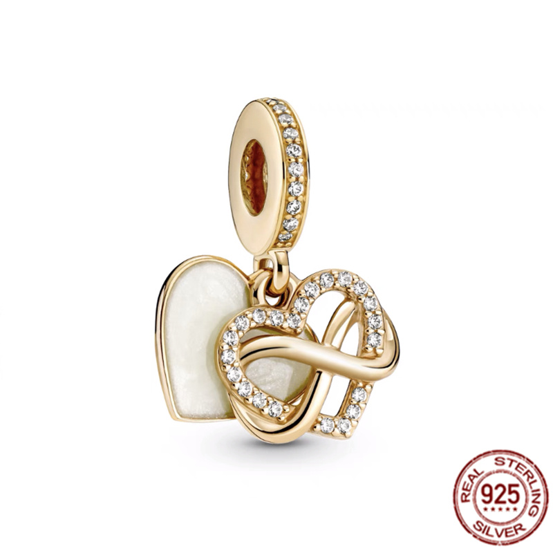 925 sterling silver Openwork Flower Double Heart Split Dangle Charm Bead With gold color Fit Original Bracelet Bangle Jewelry DIY for women gift