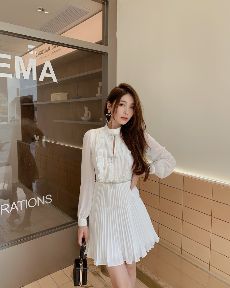 Casual Dresses S/elf-Portrait Chiffon Pleated Dress Round Neck Long Sleeve Mini Dress for Women