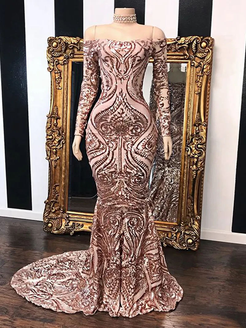 The Vestidos Off Shoulder Mermaid Prom Dresses New Black Long Sleeve Sweep Strain Sequined Formal Evening Dress Party Gown Lz0304