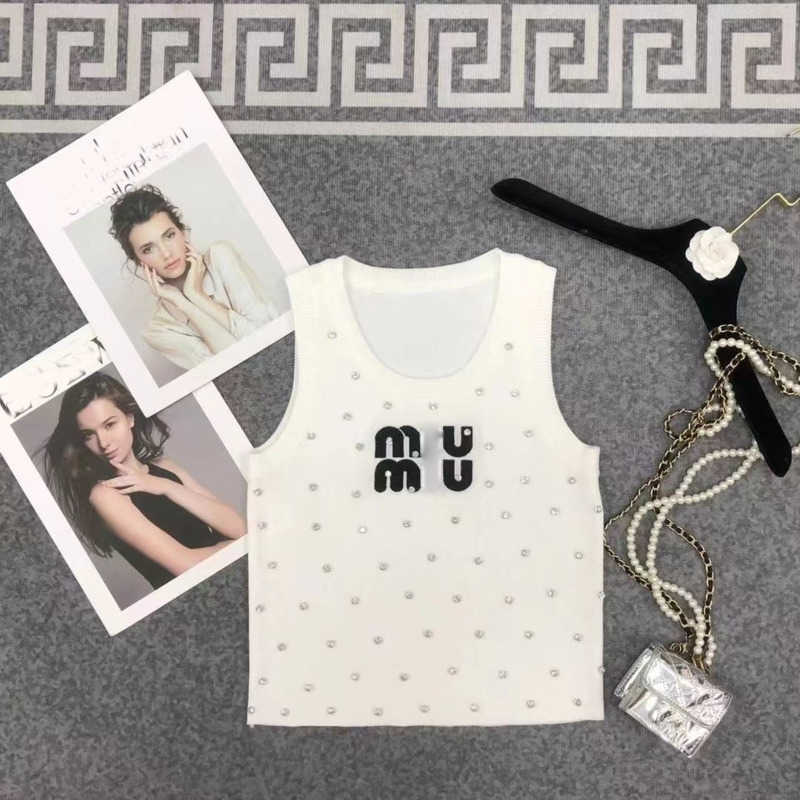 miu luxury brand women' vest knitted sleeveless vest designer women clothing handmade beaded short sleeved t shirt sexy slim tank top, White
miu luxury brand women' vest knitted sleeveless vest designer women clothing handmade beaded short sleeved t shirt sexy slim tank top, White