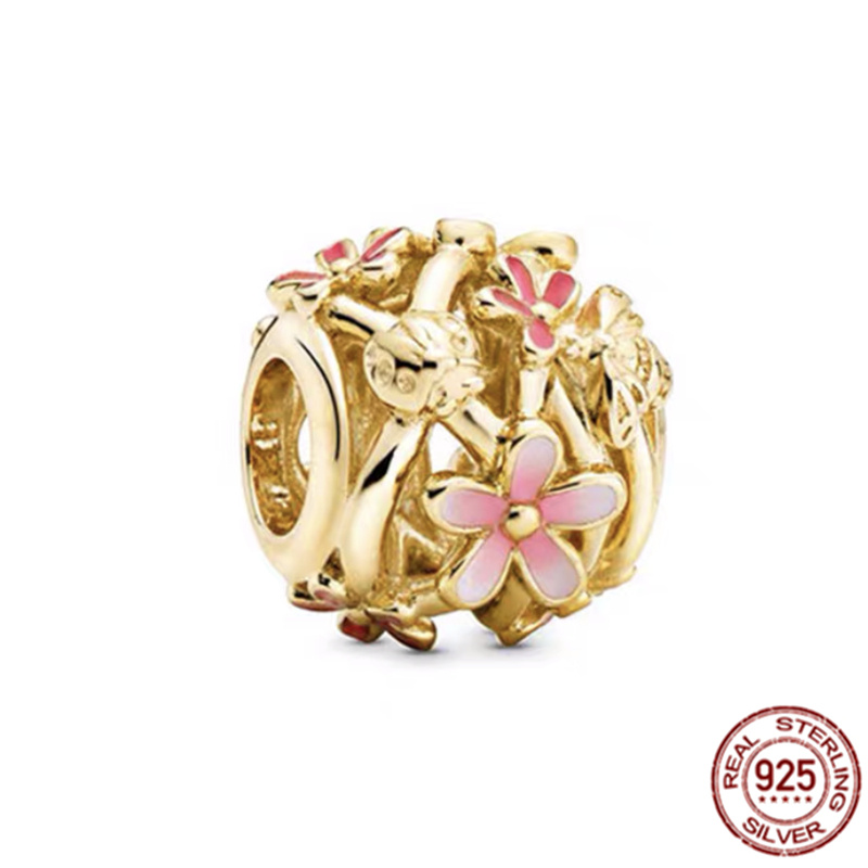 925 sterling silver Openwork Flower Double Heart Split Dangle Charm Bead With gold color Fit Original Bracelet Bangle Jewelry DIY for women gift