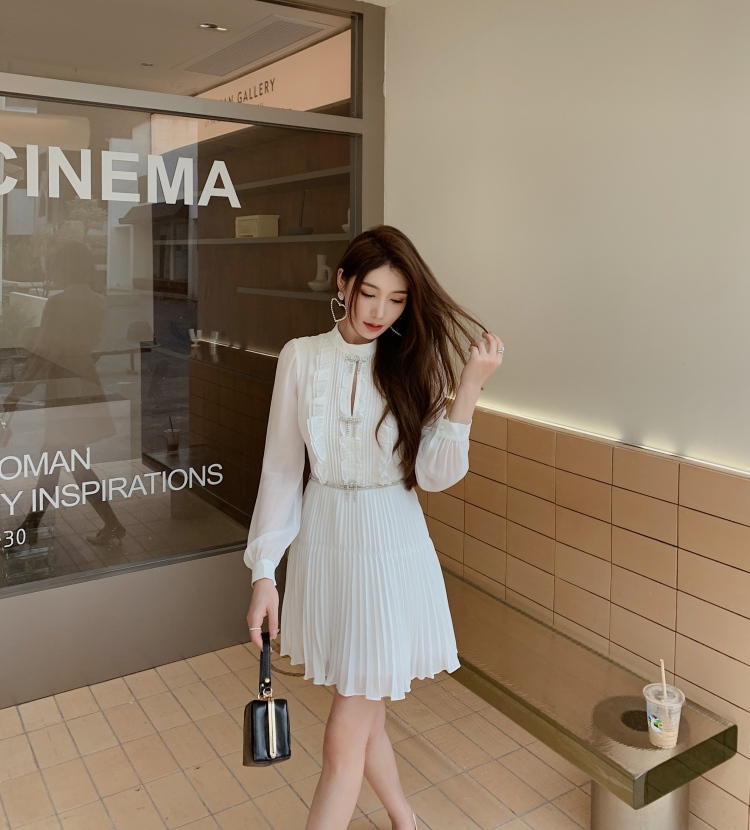 Casual Dresses S/elf-Portrait Chiffon Pleated Dress Round Neck Long Sleeve Mini Dress for Women