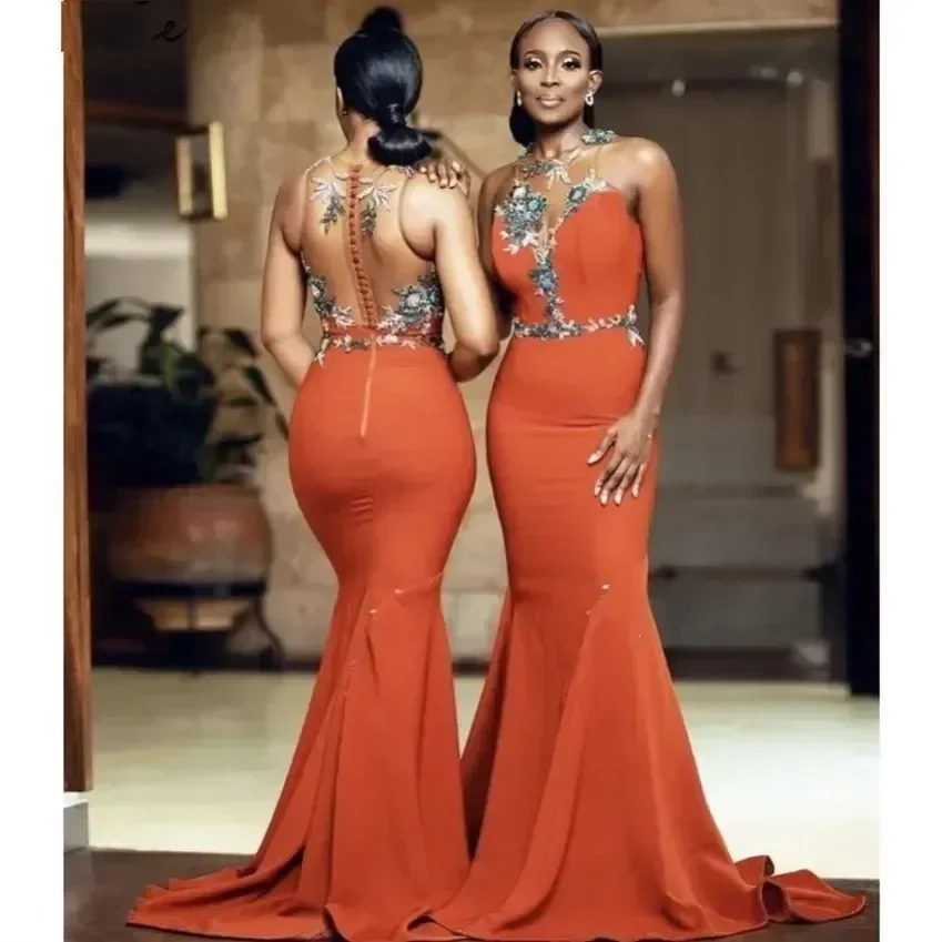 Burnt Orange Mermaid Bridesmaid Dresses ASO EBI African Sexy Sheer Appliques Beads With Button Covered Back Trumpet Long Maid Of Honor Gown Plus Size 