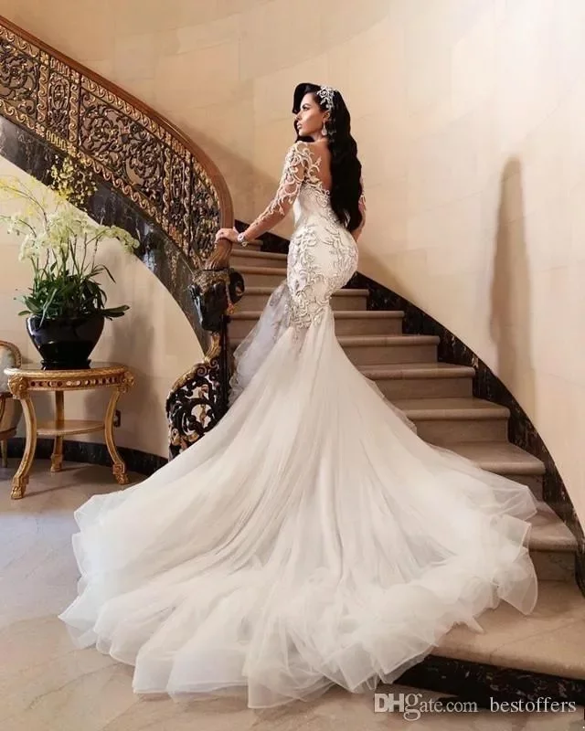 Sexy Dubai African Mermaid Wedding Dresses Illusion Long Sleeves Vestido De Noiva Lace Appliques Slim Bridal Gowns Plus Size BC