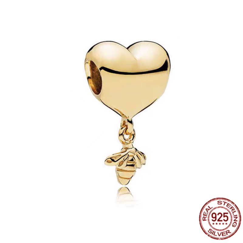 925 sterling silver Openwork Flower Double Heart Split Dangle Charm Bead With gold color Fit Original Bracelet Bangle Jewelry DIY for women gift