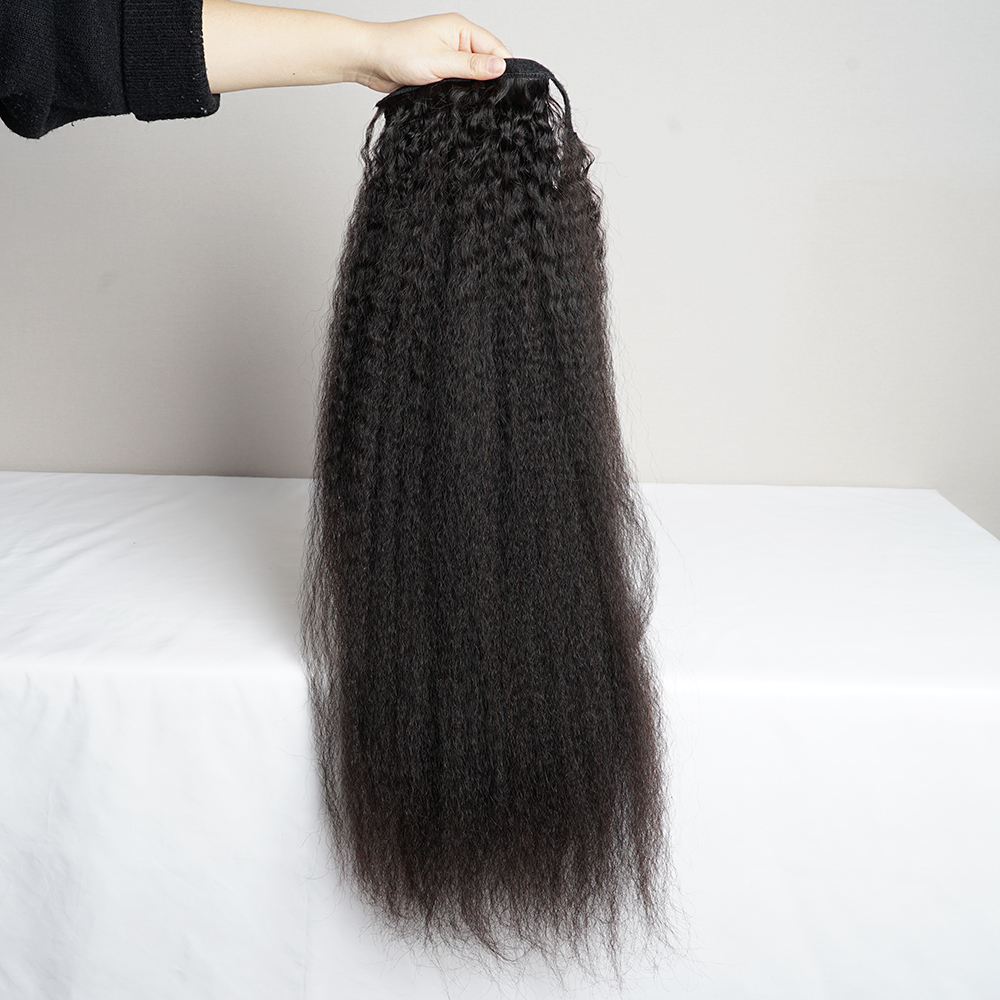 Kinky Straight Ponytail Human Hair Extension 145g Wrap Around Clip In Ponytail Natural Black Remy Indian Yaki Hair