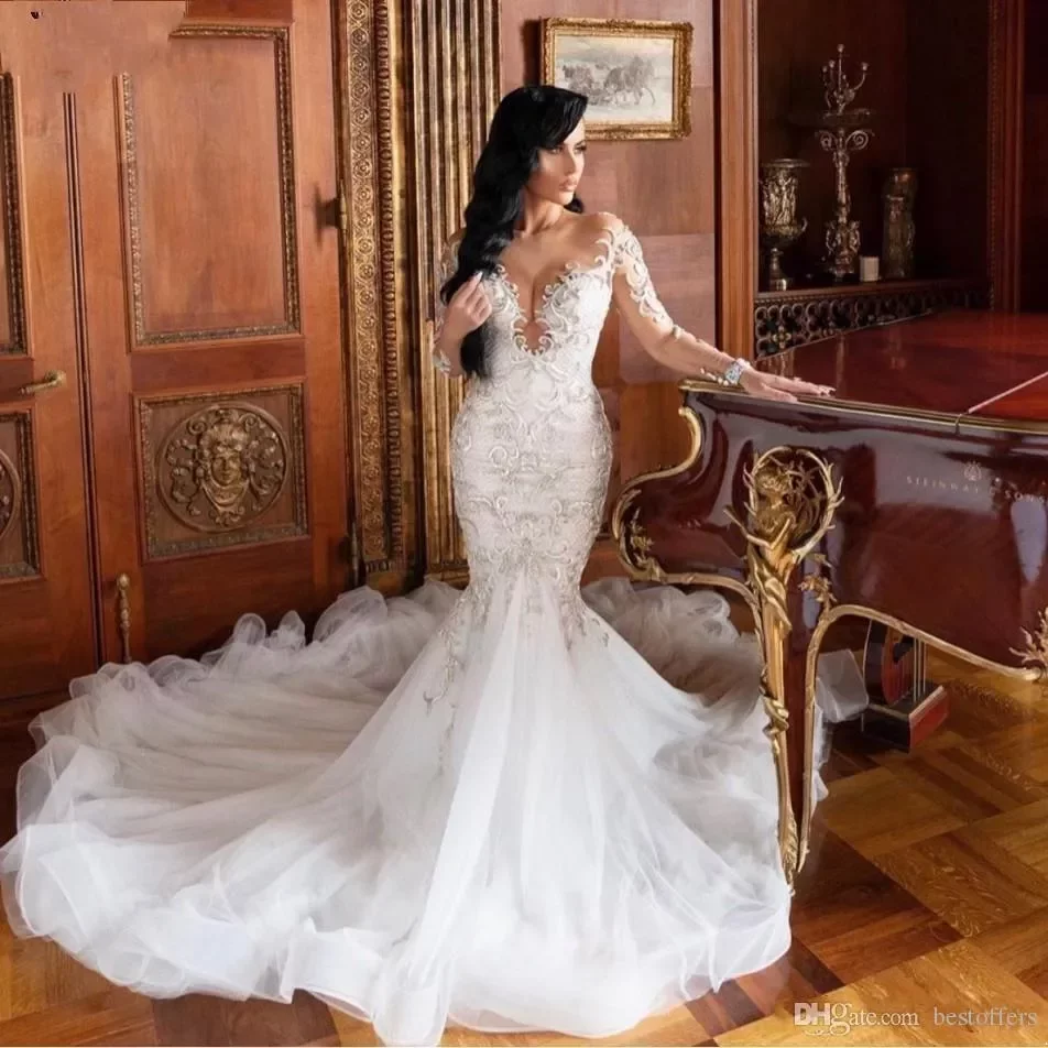 Sexy Dubai African Mermaid Wedding Dresses Illusion Long Sleeves Vestido De Noiva Lace Appliques Slim Bridal Gowns Plus Size BC