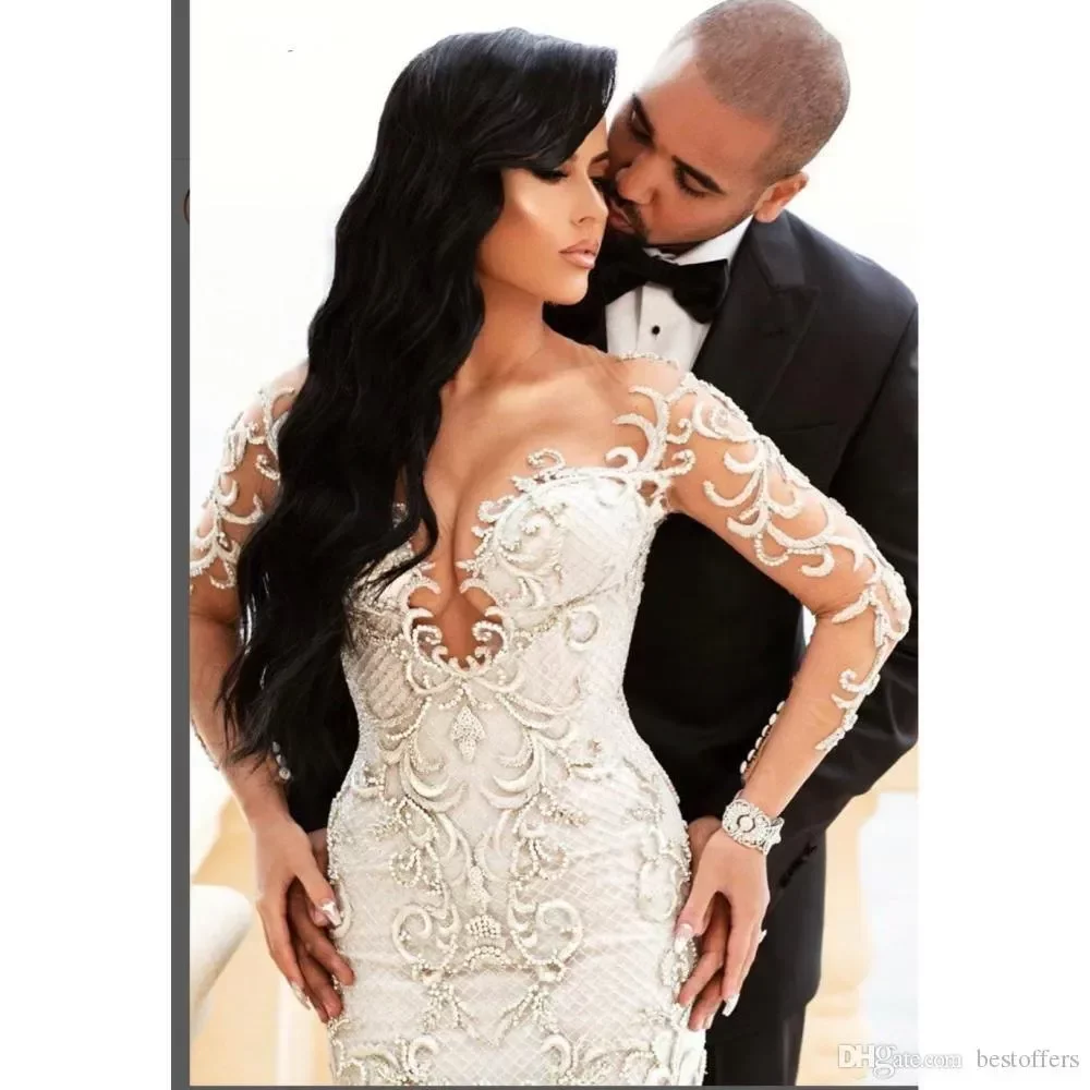Sexy Dubai African Mermaid Wedding Dresses Illusion Long Sleeves Vestido De Noiva Lace Appliques Slim Bridal Gowns Plus Size BC