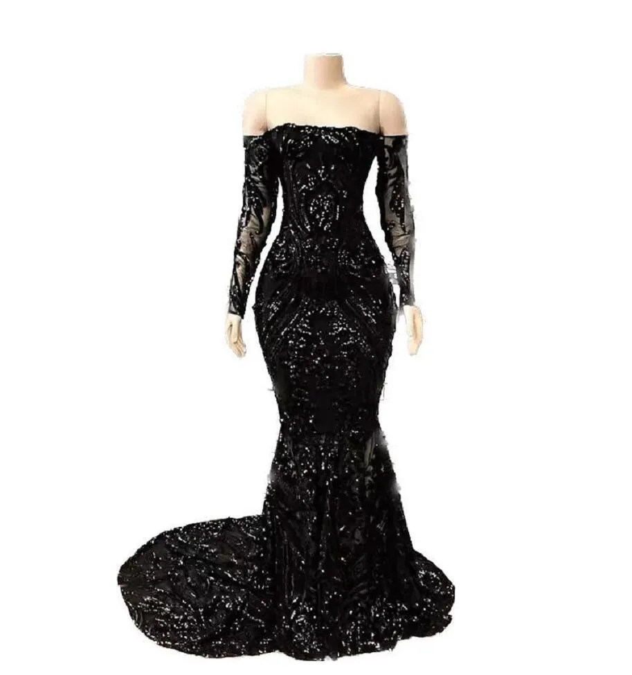 The Vestidos Off Shoulder Mermaid Prom Dresses New Black Long Sleeve Sweep Strain Sequined Formal Evening Dress Party Gown Lz0304