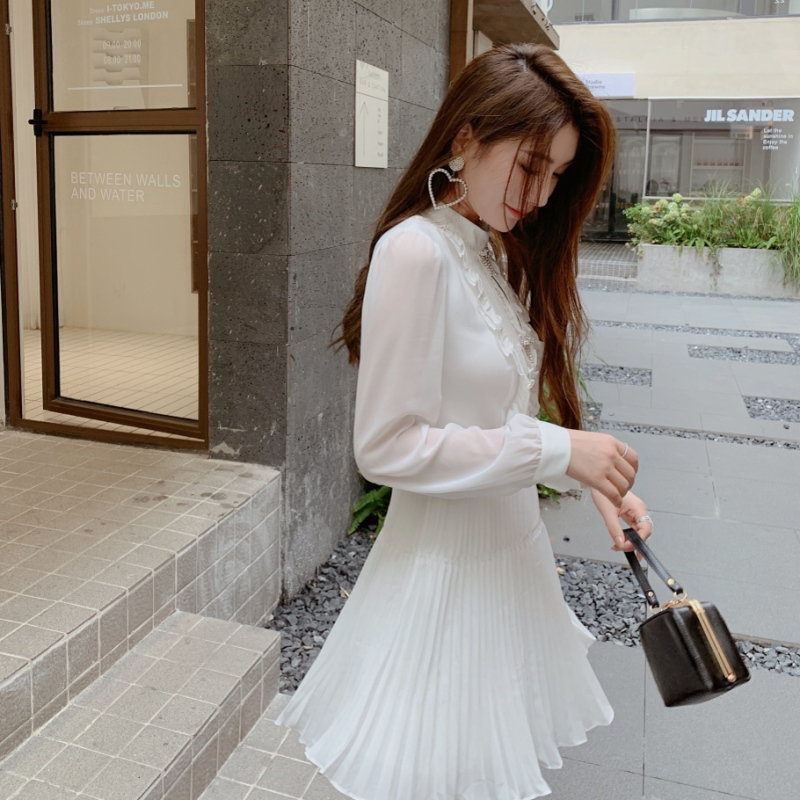 Casual Dresses S/elf-Portrait Chiffon Pleated Dress Round Neck Long Sleeve Mini Dress for Women