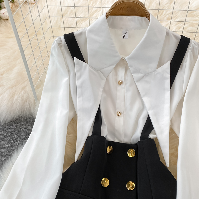 Two Piece Dress England Style Overall Dress Two Piece Set Women Spring New Pointed Lapel White Shirt + Double-breasted Suspender Skirt Suits 2023