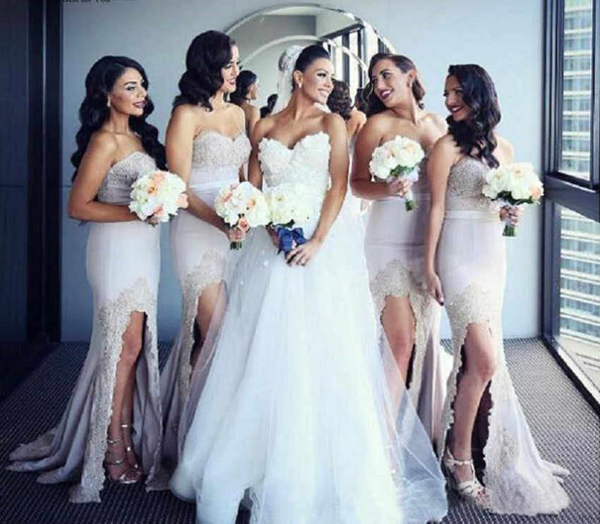 2023 Long Bridesmaid Sexy Sweetheart With Lace Applique Evening Dresses Side Split Sweep Train Custom Made Back Zipper Dresses For Wedding