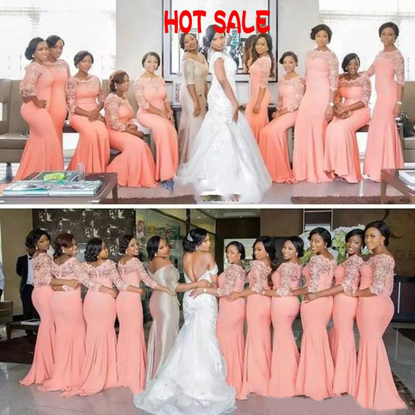 2023 Stunning Mermaid Bridesmaid Dress Long Formal Wedding Guest Dress Peach Coral Mint Turquois Custom Sheer Lace Bateau Bridesmaids Gown Sleeve