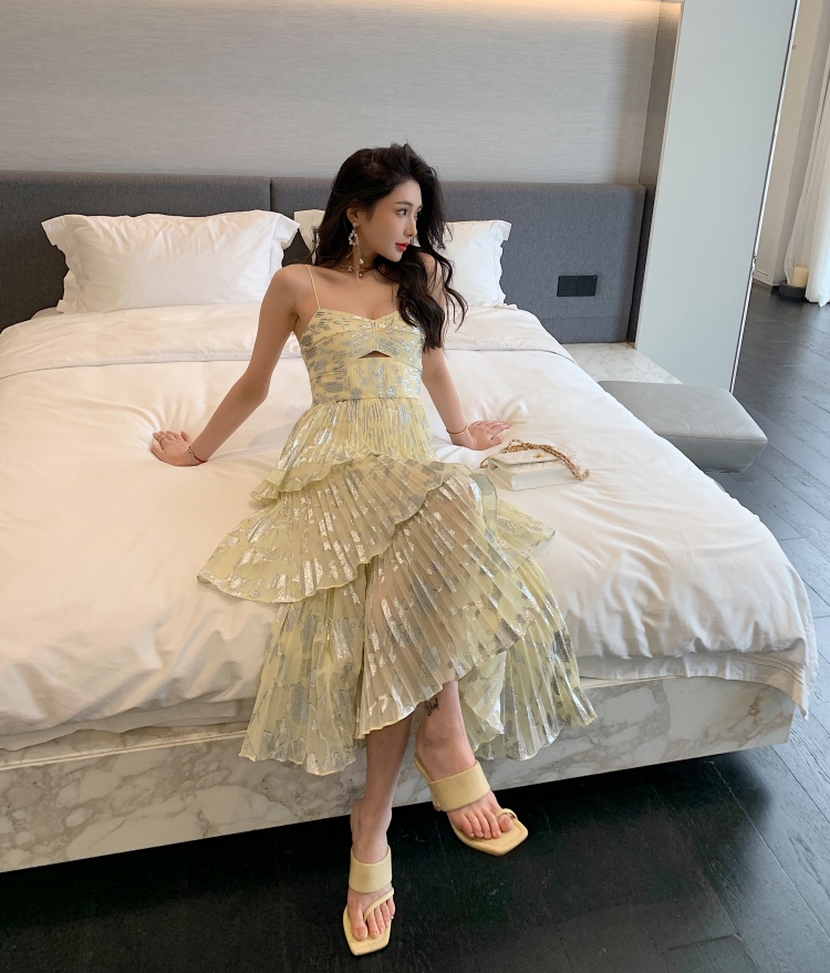 New Dresses S-elf Portrait Yellow Chiffon Pleated Cake Strap Dress