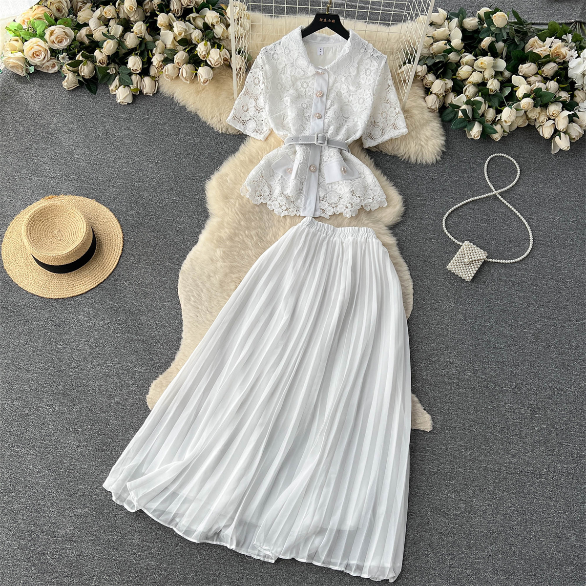 Two Piece Dress French Suits Women's New Fashion Lapel Short Sleeve Lace Tops + High-waist Pleated Skirt Solid Color Elegant Two-piece Sets 2024